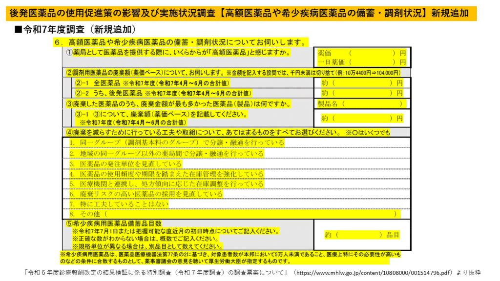 「後発医薬品の使用促進策の影響及び実施状況」高額医薬品や希少疾病医薬品の備蓄・調剤状況 追加項目